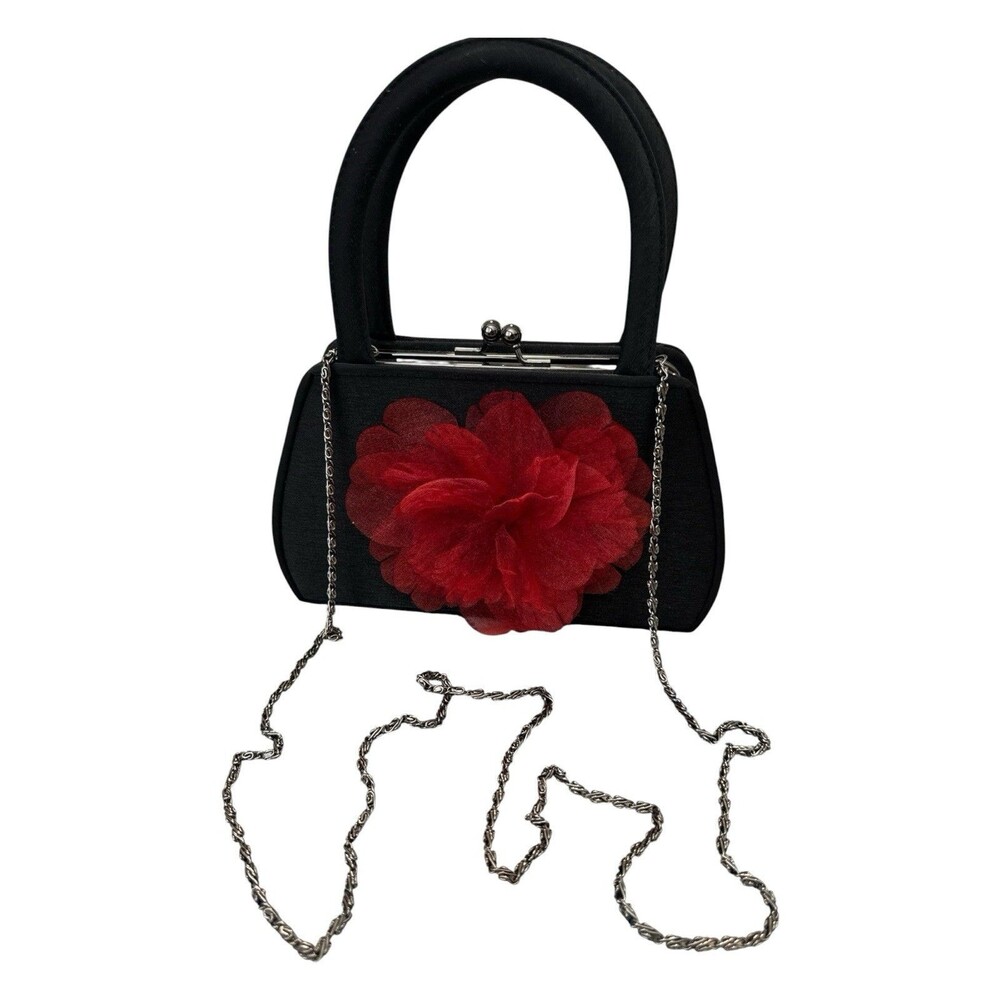 Julie Feldman Black Satin Evening Bag Red Floral Kiss Lock Chain Strap - Picture 6 of 9